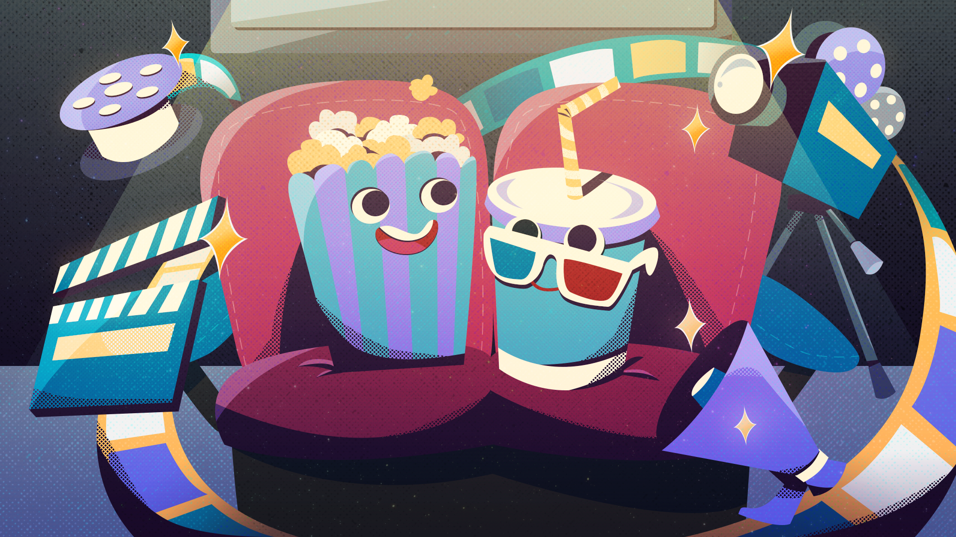 Personagens de pipoca e refrigerante sentados em uma cadeira de cinema com ícones como câmera e fitas em volta.